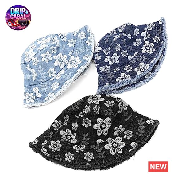 Vintage Cotton Denim Bucket Hat with Floral Embroidery and Pocket